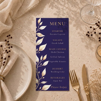 Menu Casamento com Borda Botânica Azul Elegante