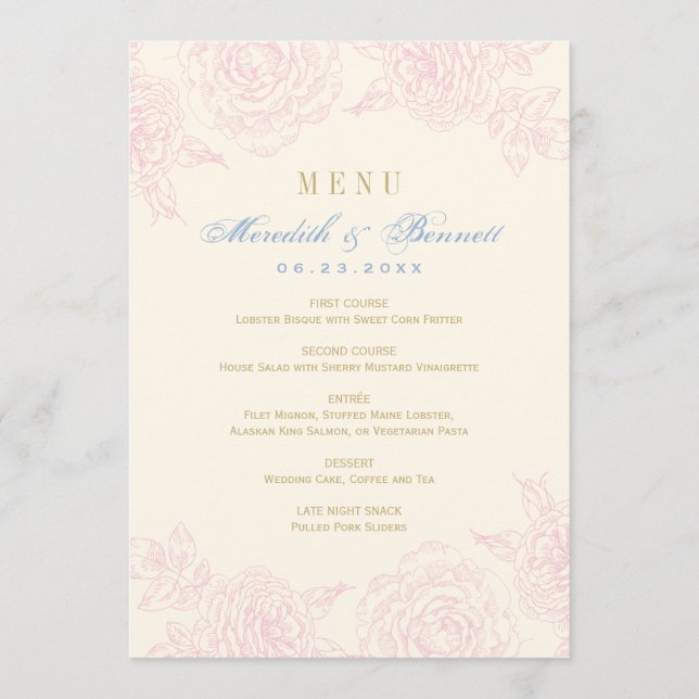 Menu Casamento com Borda de Rosa Floral Rosa Elegante (Frente)