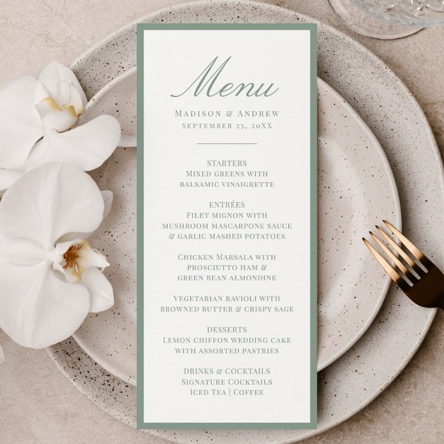 Menu Casamento com Borda Verde Sage Moderna (Criador carregado)