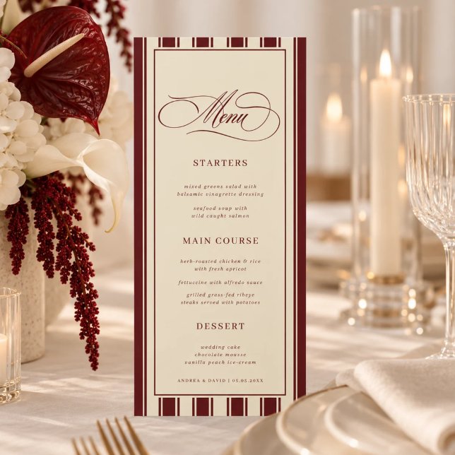 Menu Casamento com Bordas de Listras de Marfim e Borgon (Criador carregado)
