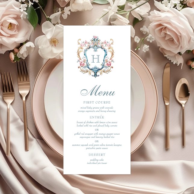 Menu Casamento com Brasão Floral Monogramado Vintage (Criador carregado)