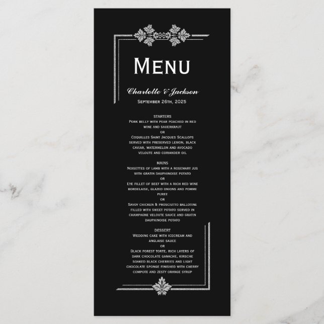Menu Casamento com brilho de preto e prata moderno (Frente)