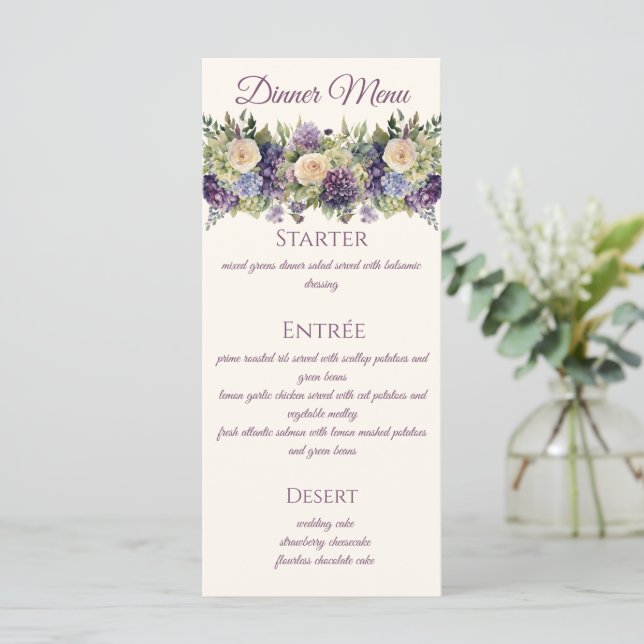 Menu Casamento com Buquê de Flor Púrpura de Aquarela - (Em pé/Frente)