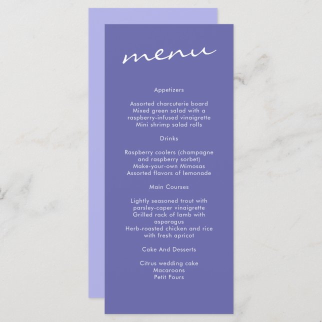Menu Casamento com Caligrafia Azul Elegante Periwinkle (Frente/Verso)