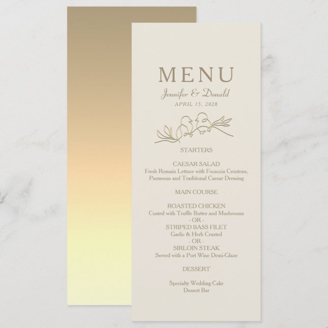 Menu Casamento com Caligrafia Dourada (Frente/Verso)
