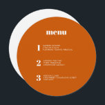 Menu Casamento com Círculo Laranja Arredondado Mínimo M<br><div class="desc">Este design de cardápio de casamento contemporâneo mostra os cursos da sua refeição de casamento em simples fontes e um design elegante e limpo. Este cardápio laranja queimado certamente se destaca da multidão. Design de tipografia moderna e cardápio para um casamento moderno. Todos os elementos são personalizáveis - texto, fundo...</div>
