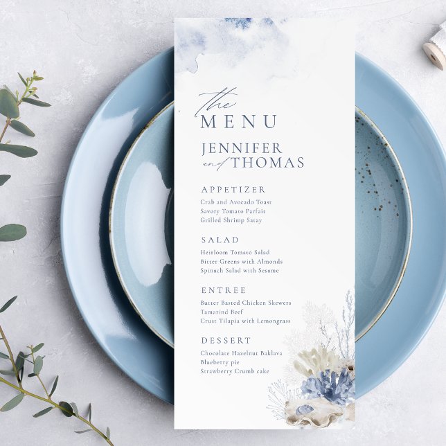Menu Casamento com coral de aquarela azul e conchas (Blue watercolor coral & seashells beach Wedding Menu)
