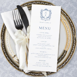 Menu Casamento com Crista de Monograma Azul de Rosas Fr