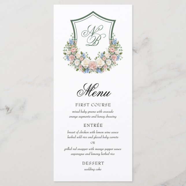Menu Casamento com Crista Floral Azul Empoeirado (Frente)