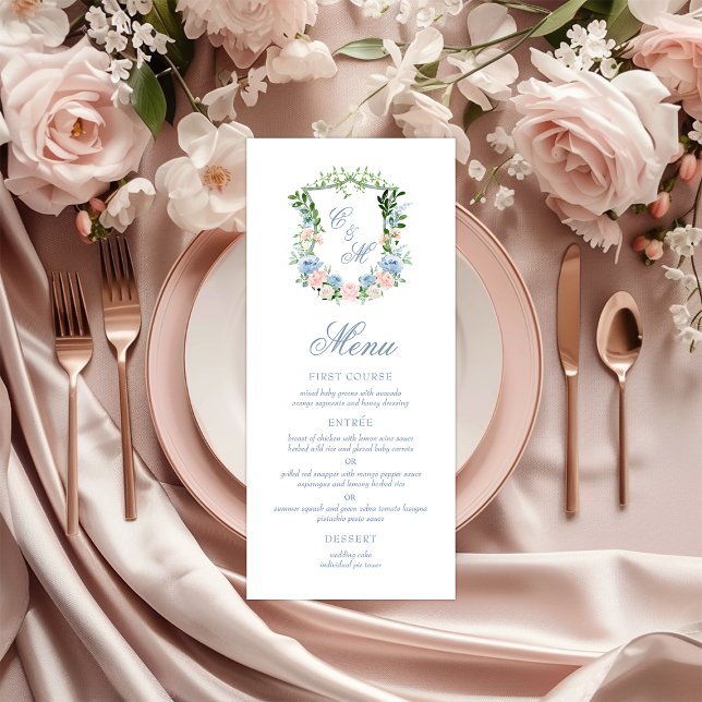Menu Casamento com Crista Floral Azul Empoeirado (Criador carregado)