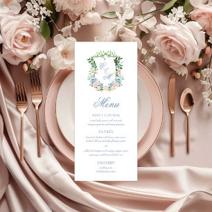 Menu Casamento com Crista Floral Azul Empoeirado