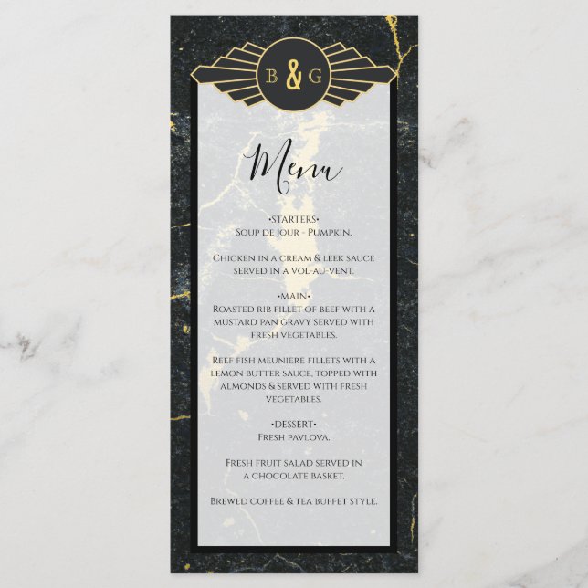 Menu Casamento com Deco de Arte Marble Dourada Preta (Frente)