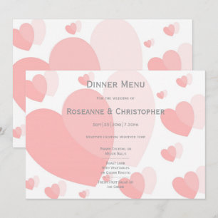 Menu Casamento com Design de Corações Cor-de-Rosa