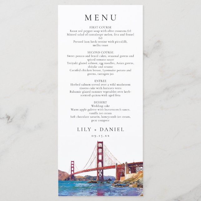 Menu Casamento com destino de aquarela em San Francisco (Frente)