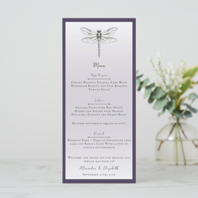 Menu Casamento com Dragonfly Roxo Escuro (Em pé/Frente)