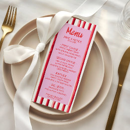 Menu Casamento com Escrita à Mão Rosa e Listras Vermelh