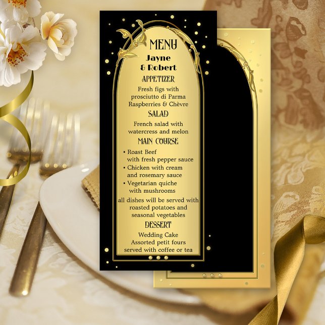 Menu Casamento com Estilo de Deco Preto Dourado Chic (Elegant menu card featuring a gold and black design with sparkling confetti.)