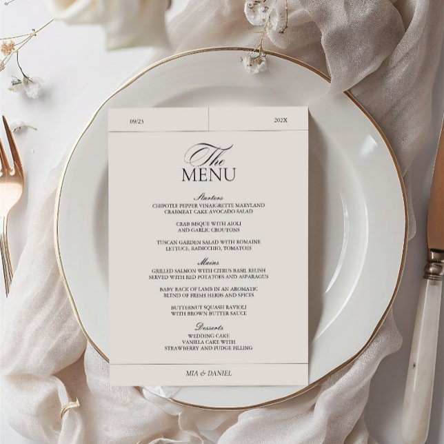 Menu Casamento com Etiqueta de Cinza Clássica Elegante (Classic Elegant Light Gray Vintage Label Wedding Menu)