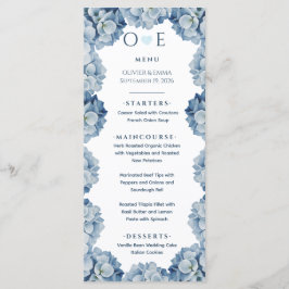 Menu Casamento com Fita de Hortênsia Azul Elegante