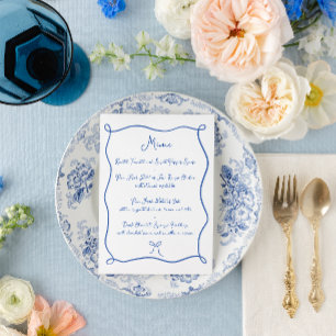 Menu Casamento com Fita e Laço Azul Francês Doodle