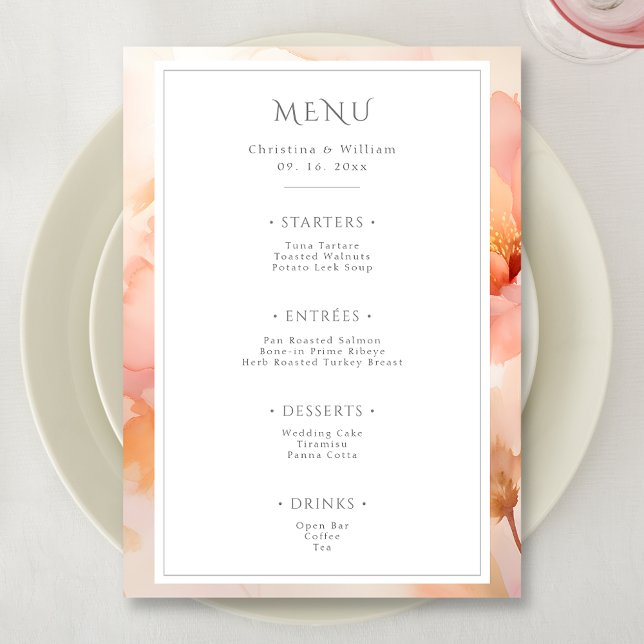 Menu Casamento com Flor de Pêssego Moderno em Aquarela (Criador carregado)