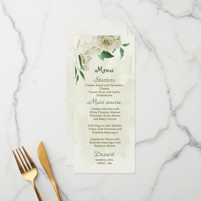 Menu Casamento com flores brancas de marfim (Frente/Verso In Situ)