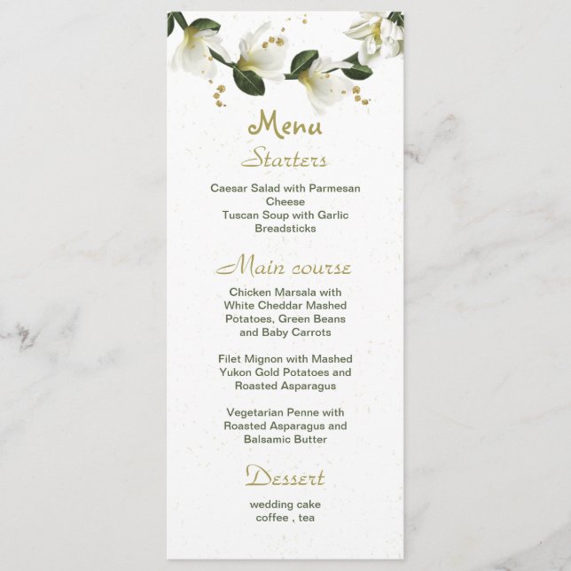Menu casamento com flores brancas e douradas (Frente)