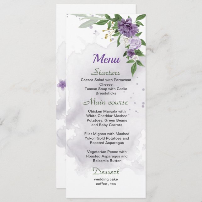 Menu casamento com flores roxas (Frente/Verso)