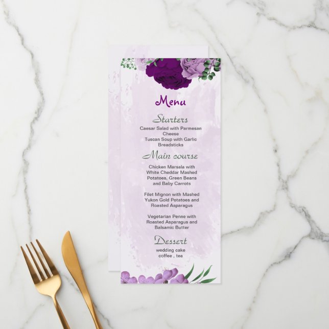 Menu Casamento com flores roxas (Frente/Verso In Situ)