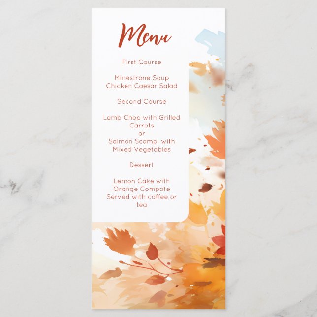 Menu Casamento com Folhagem de Aquarela de Outono Elega (Frente)