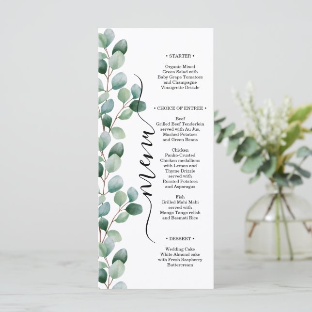 Menu Casamento com Folhagem de Eucalipto Moderna (Em pé/Frente)