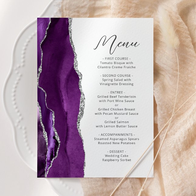 Menu Casamento com Grafia Moderna Prata e Ágata Roxa (Criador carregado)