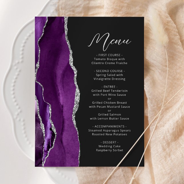 Menu Casamento com Grafia Moderna Prata e Ágata Roxa (Criador carregado)