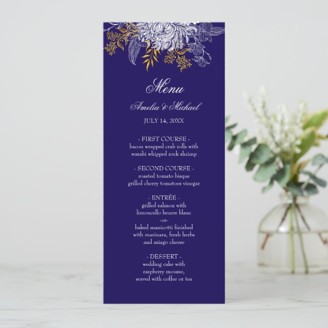 Menu Casamento com Gráfico de Botânica Dourada Azul (Em pé/Frente)