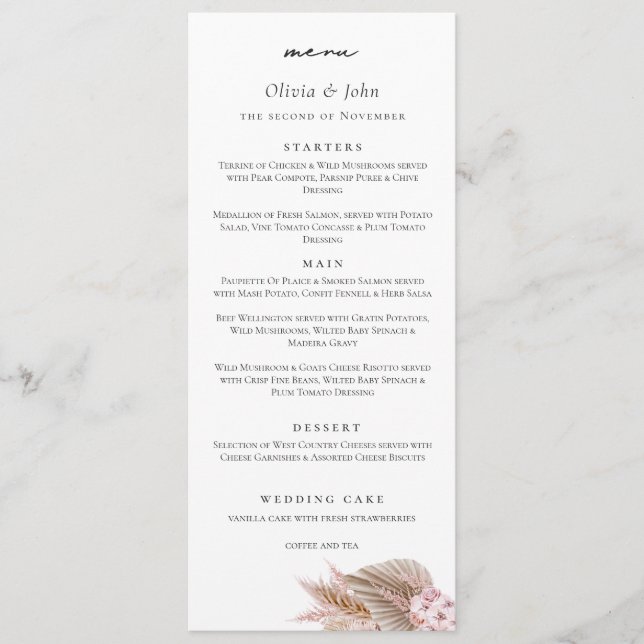 Menu Casamento com Grama das Pampas em Letra Elegante (Frente)