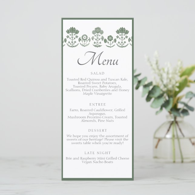 Menu Casamento com Impressão Botânica Verde e Branco em (Em pé/Frente)