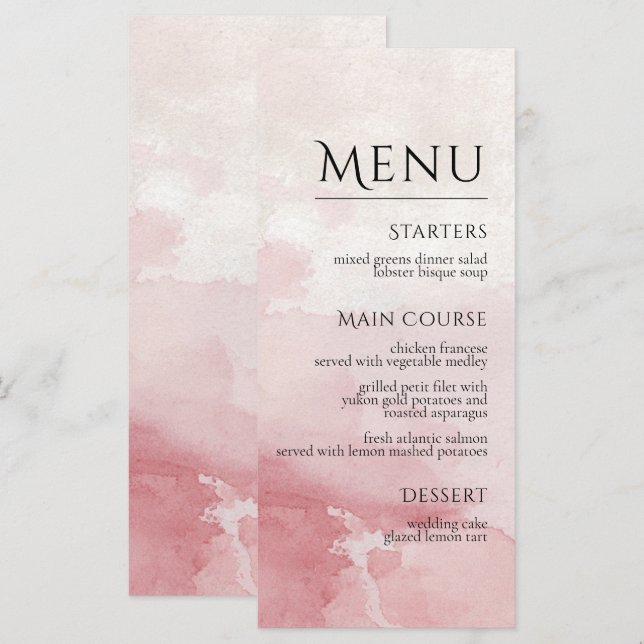 Menu Casamento com Lavagem de Aquarela Rosa (Frente/Verso)