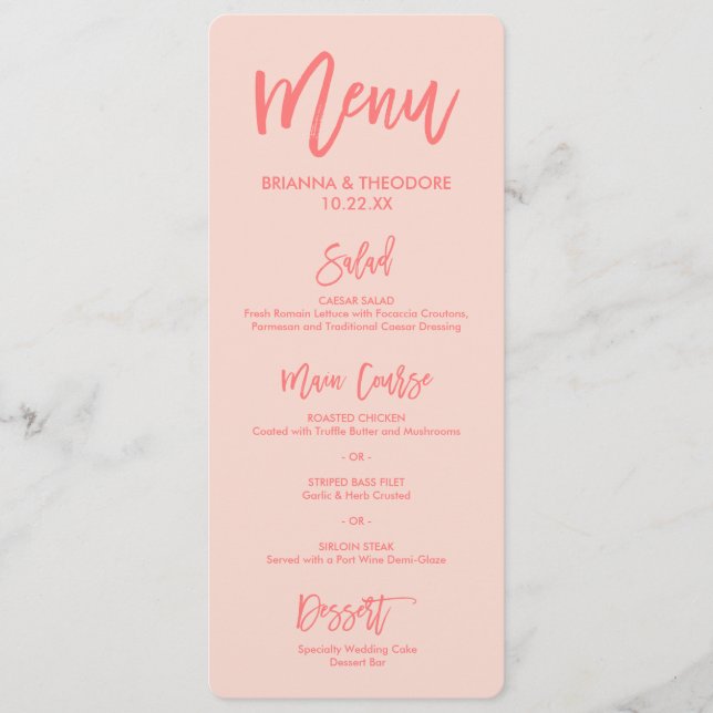 Menu Casamento com Letra Chic Hand | Coral (Frente)