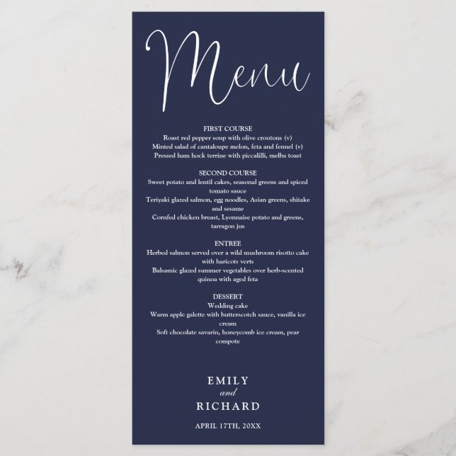 Menu Casamento com Letra de Caligrafia Azul Marinho (Frente)
