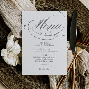 Menu Casamento com Letra de Caligrafia Cinza Elegante
