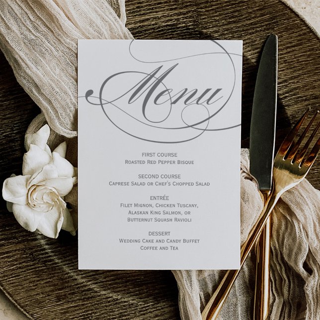 Menu Casamento com Letra de Caligrafia Cinza Elegante (Criador carregado)