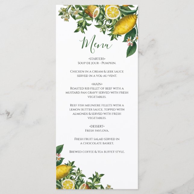 Menu Casamento com limão amarelo russo e folhagem verde (Frente)