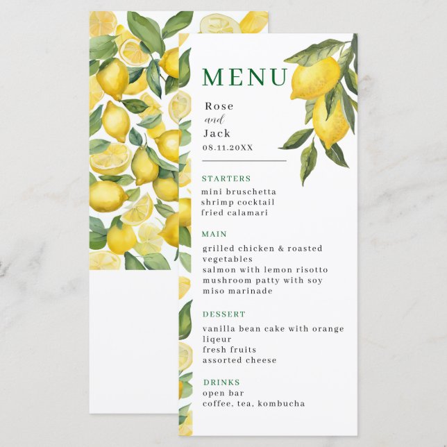 Menu Casamento com Limão de Aquarela (Frente/Verso)