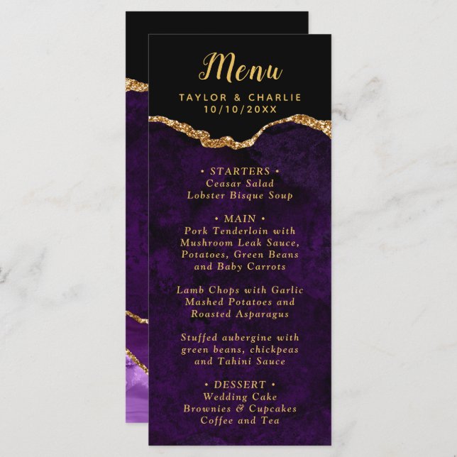 Menu Casamento com mármore roxo e Dourado (Frente/Verso)