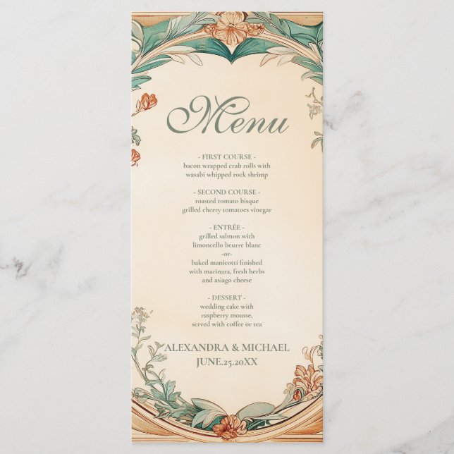 Menu Casamento com moldura botânica quente (Frente)