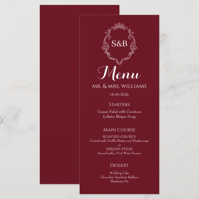 Menu Casamento com Monograma Burgundy Elegante (Frente/Verso)