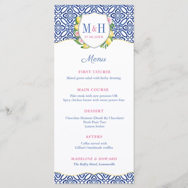 Menu Casamento com Monograma de Azulejo Azul com Limões (Frente)