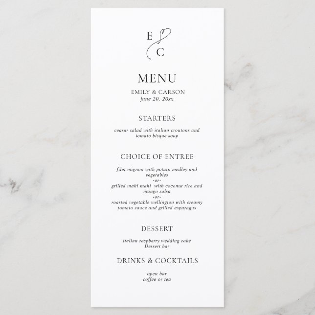 Menu Casamento com Monograma Elegante Preto e Branco (Frente)