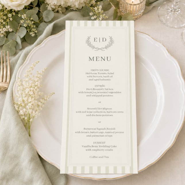 Menu Casamento com Monograma Listrado de Verde Salvia E (Criador carregado)
