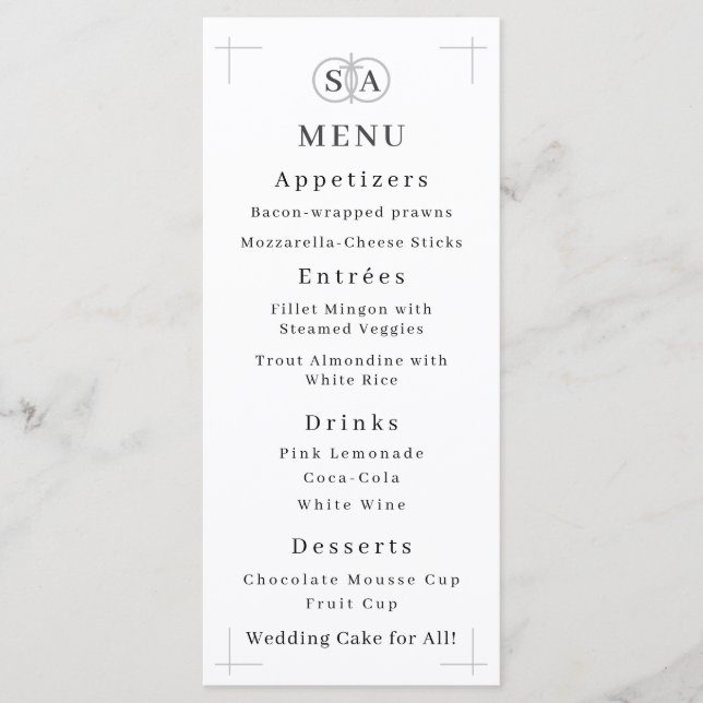 Menu Casamento com Monogramas de cruz e anéis tradicion (Frente)